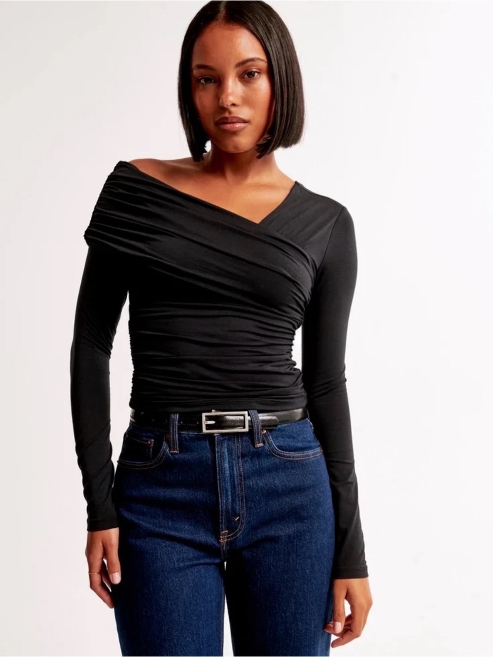 Abercrombie Long-sleeve Off-the-shoulder Draped Wrap Top